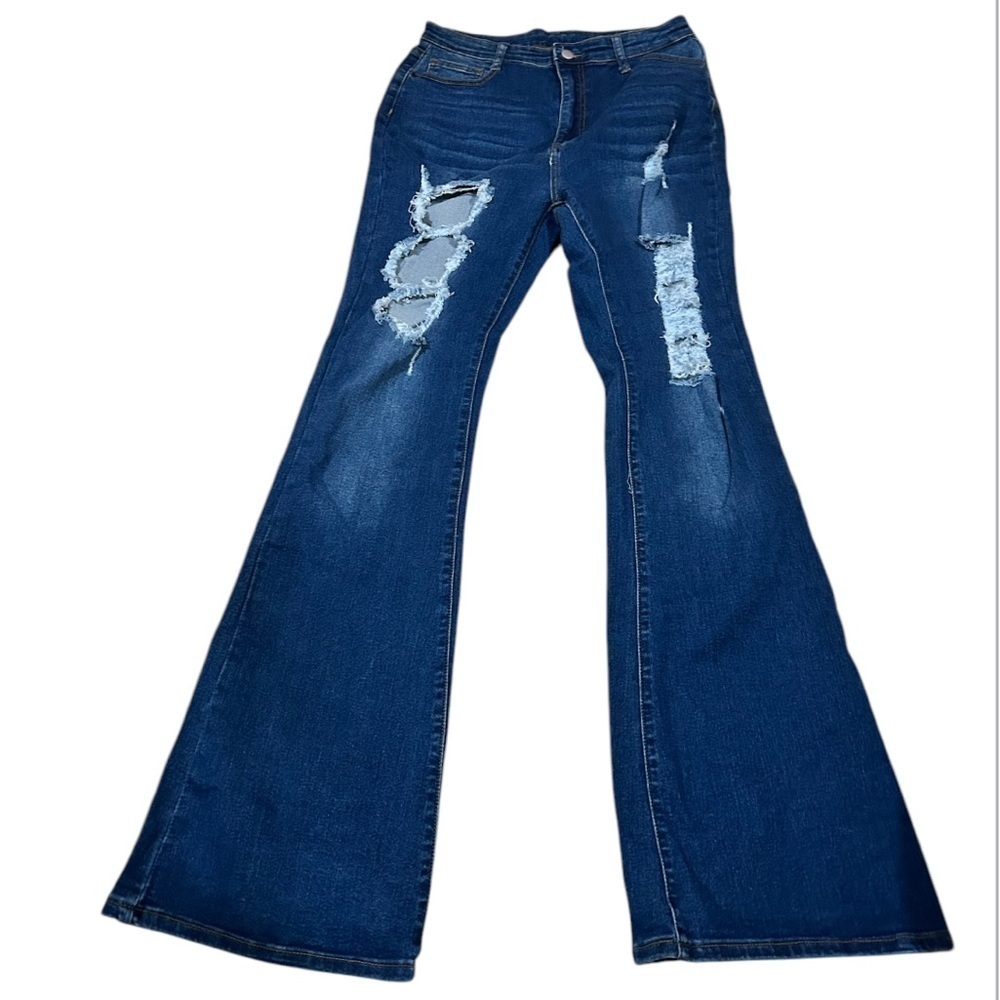 Shein Classic Blue Wide Leg Jeans with Vintage Distressing size 31